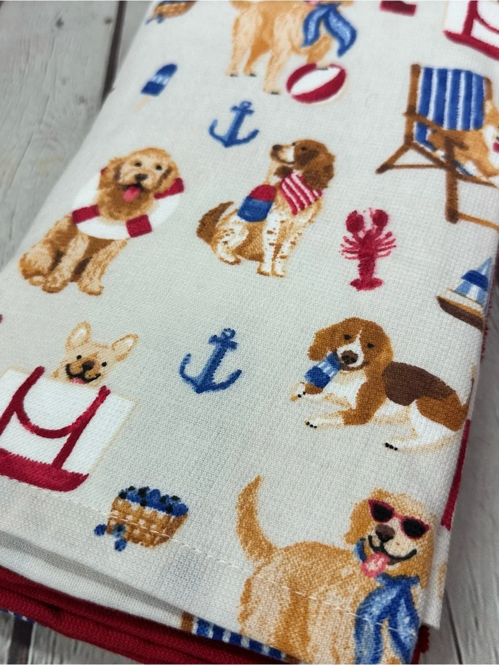 NWT nautical Dog Print Kitchen Towel 3pk coastal beach summer anchor lobster
